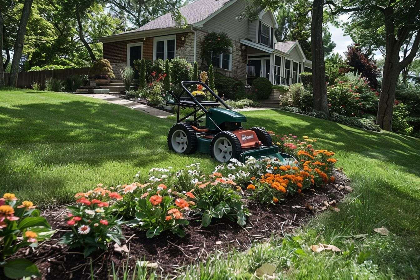 Tondeuse à gazon près d un parterre de fleurs