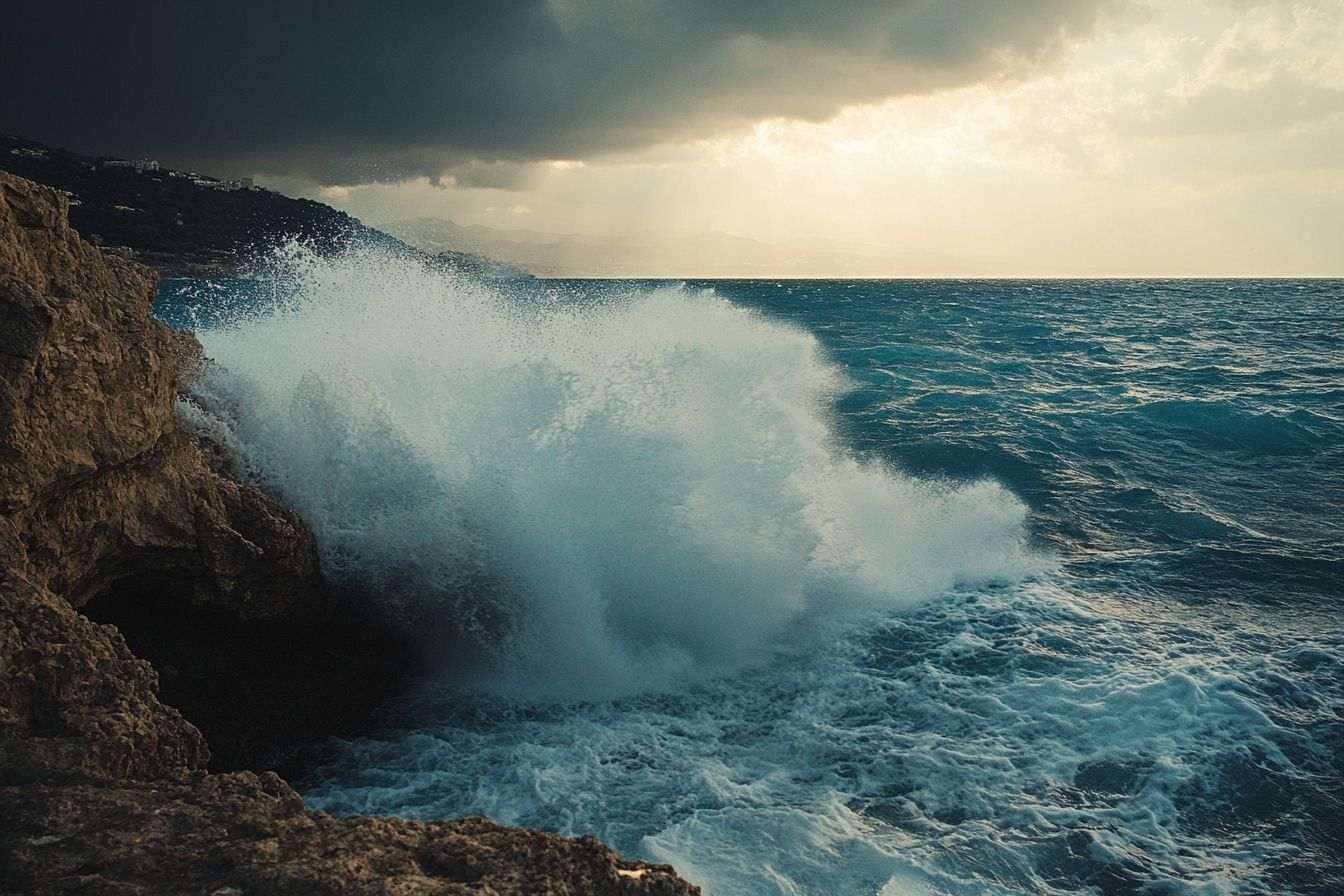 Une scène époustouflante de vagues dramatiques s'écrasant contre la côte rocheuse de la Méditerranée, avec un ciel qui s'assombrit en anticipation d'un événement naturel.