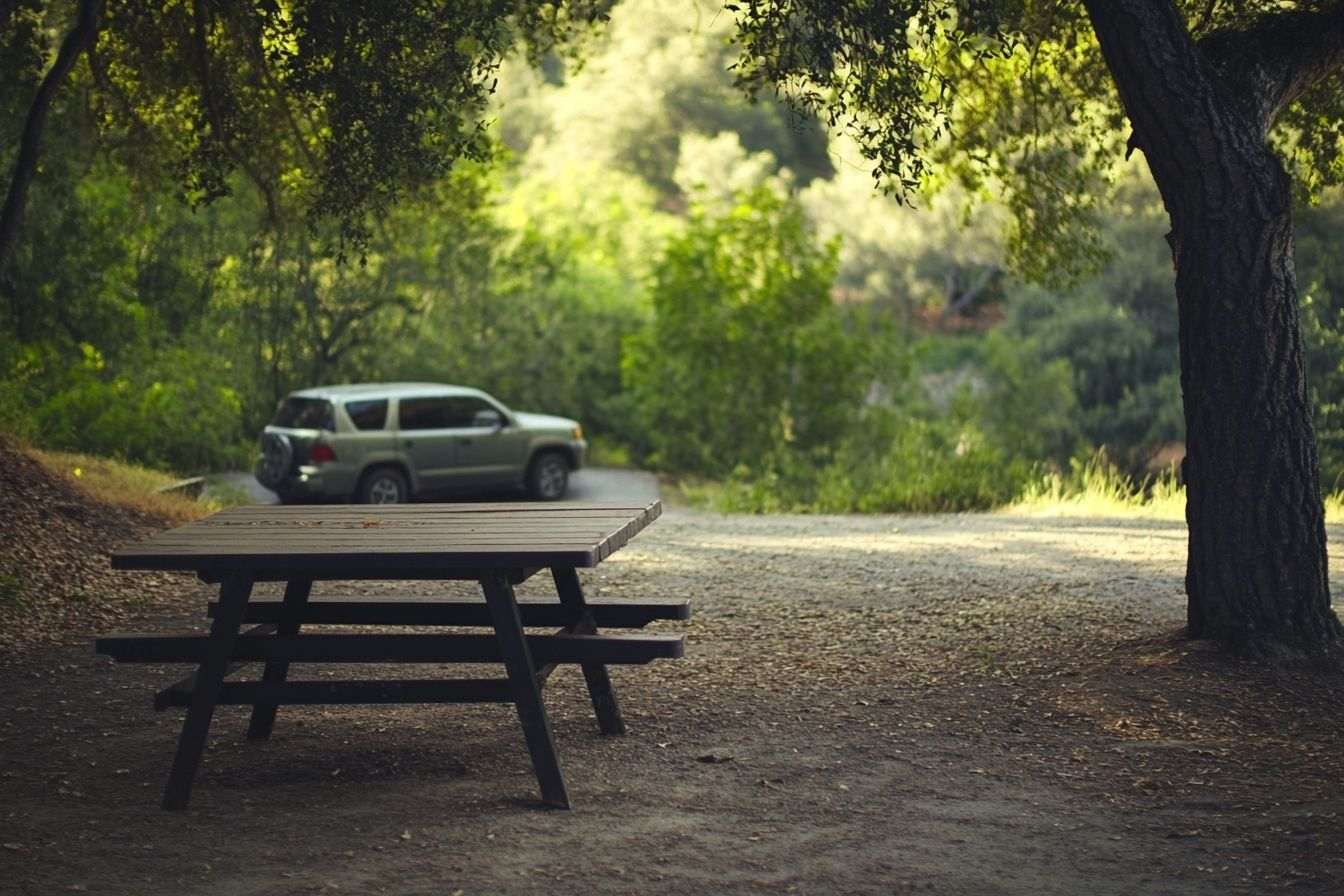 Vue d'une voiture garée à côté d'une table de pique-nique dans une zone de repos tranquille, parfaite pour un moment de détente.