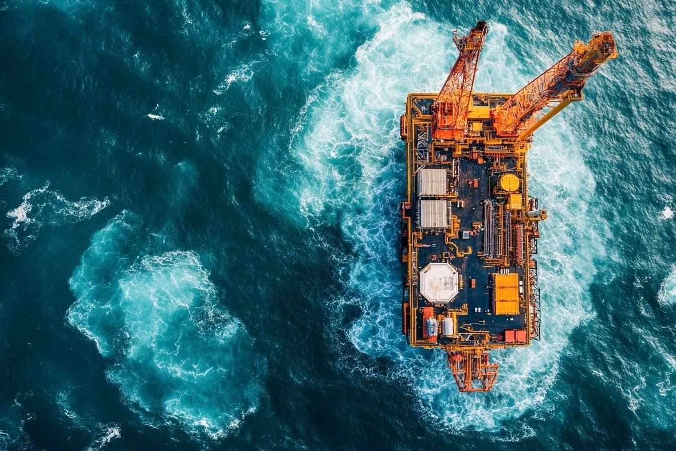 Photo prise depuis les airs d'une plateforme de forage offshore entourée par l'océan et un ciel bleu clair