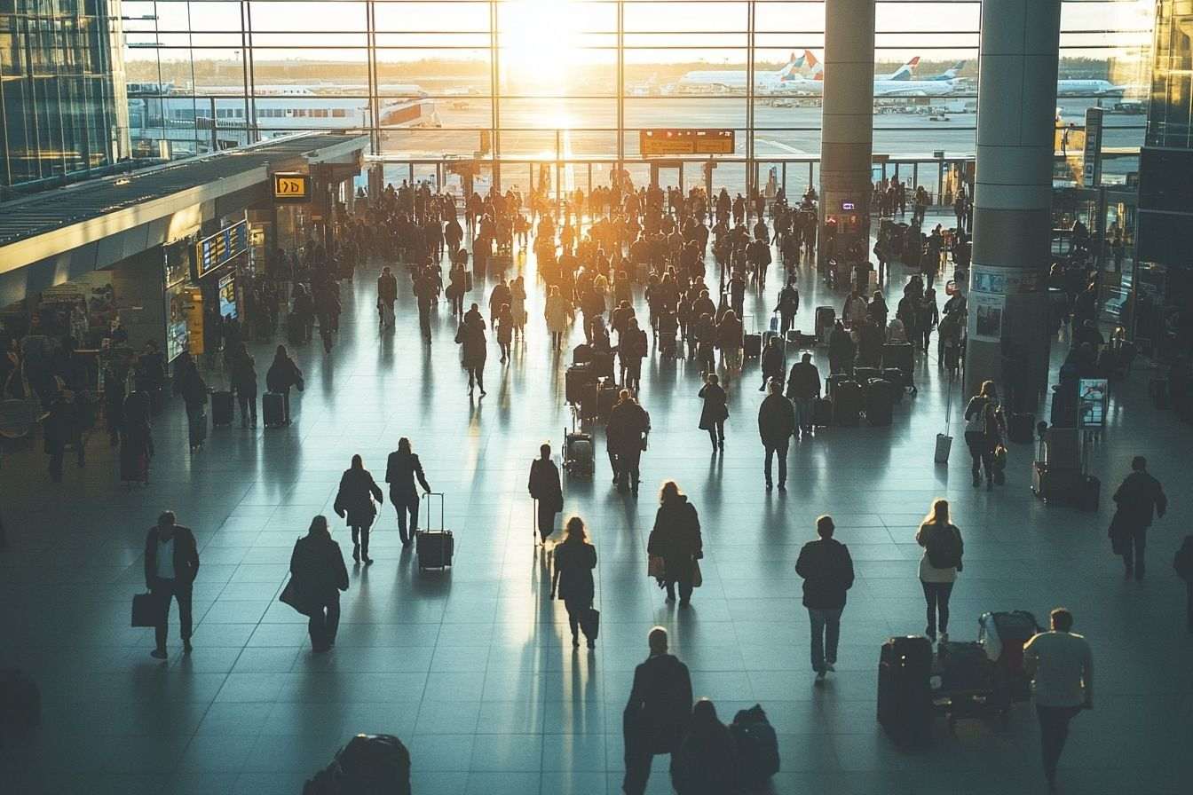 Vue large d'un terminal d'aéroport économique bondé avec des voyageurs enregistrant et embarquant pour des vols.