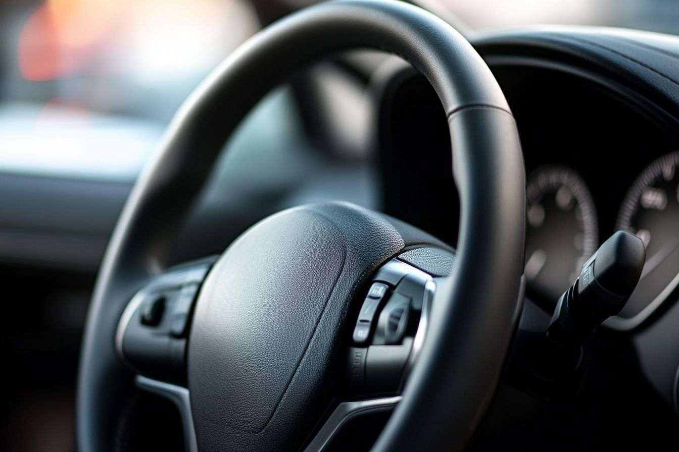 Image d'illustration. Vue rapprochée du compartiment d airbag intégré au volant d une voiture
