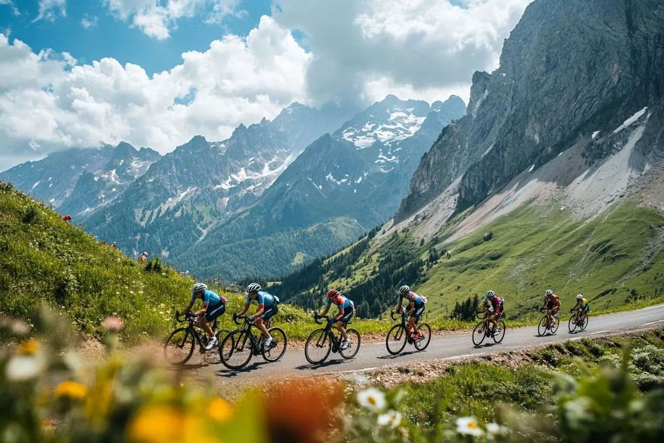 Les cyclistes escaladent un col de montagne abrupt entouré par le décor à couper le souffle des Alpes pendant le Tour de France.