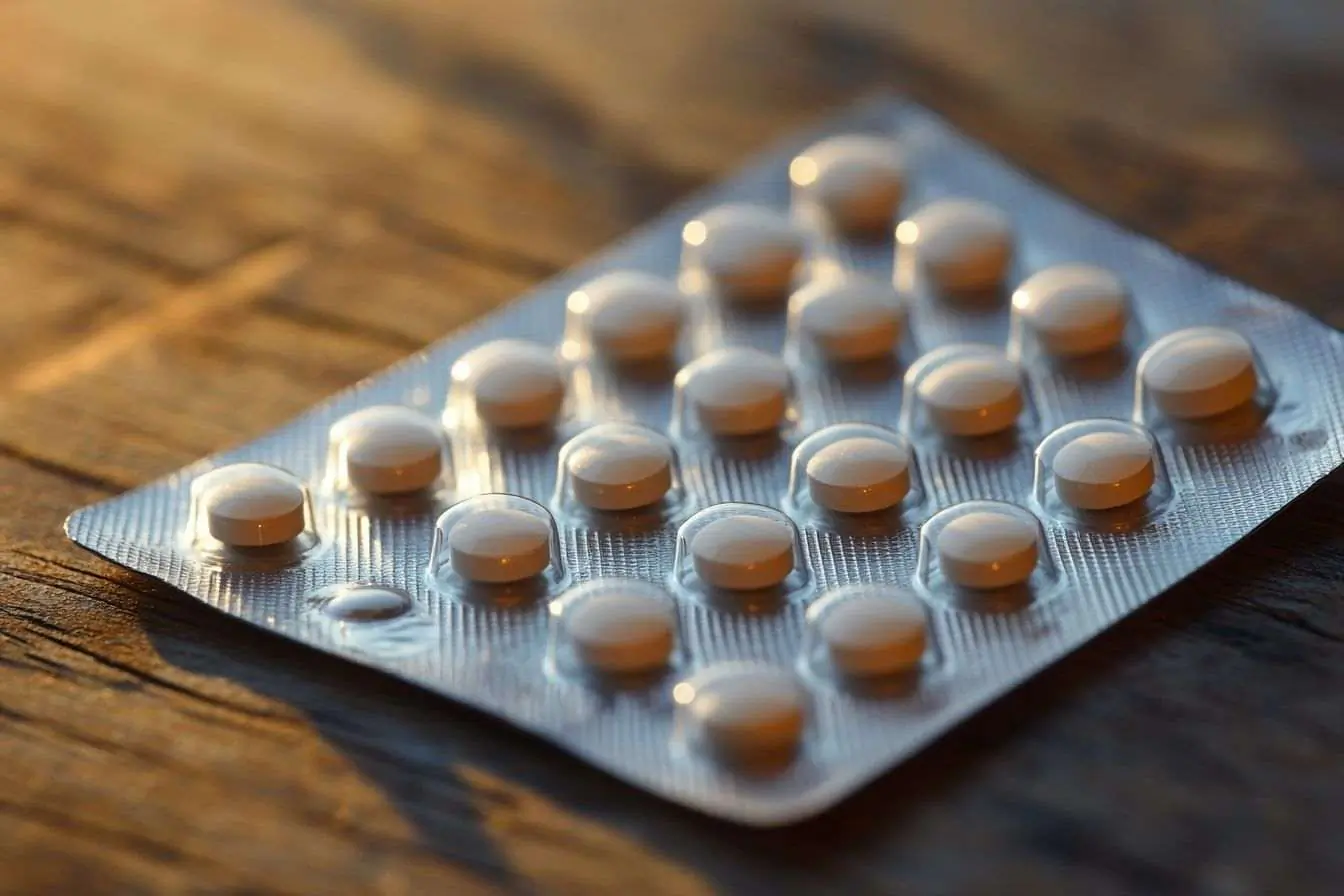 Gros plan d'un paquet de pilules contraceptives sur une table en bois avec une lumière naturelle douce l'illuminant.