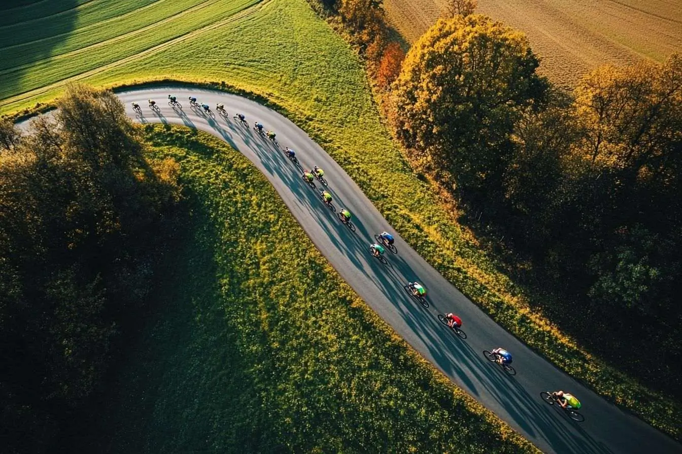 Vue aérienne d'un peloton cycliste coloré serpentant à travers un paysage campagnard pittoresque.