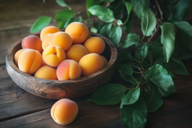 Des abricots juteux disposés dans un bol en bois rustique, entourés de feuilles vertes.