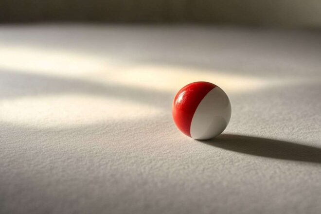 Une balle de loto unique roulant sur une surface lisse avec des ombres douces.