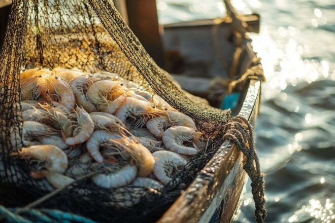 Une scène maritime capturant un bateau de pêche en bois avec un filet débordant de crevettes, scintillant sous la lumière du soleil