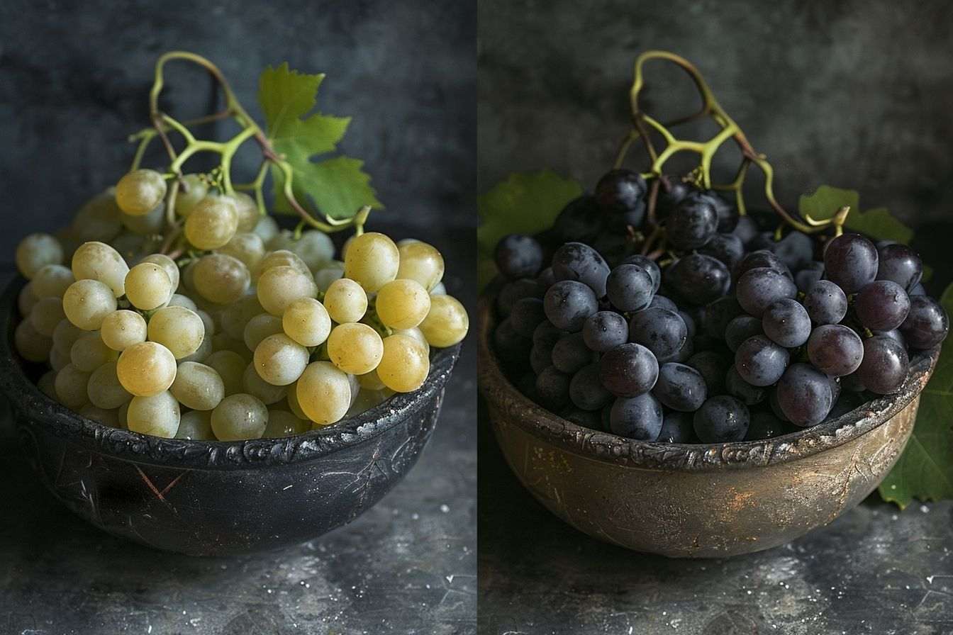 Comparaison visuelle de raisins blancs et noirs