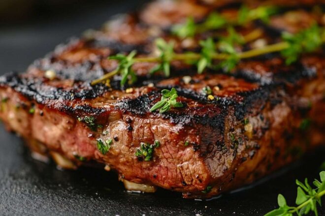 Gros plan d'une côtelette de bœuf parfaitement grillée avec des marques de grille et des herbes sur le dessus.