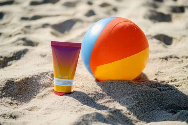 Tube de protection solaire à côté d'une balle de plage colorée, symbolisant des loisirs d'été ludiques et la protection contre le soleil.