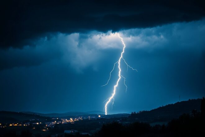 Phénomène naturel d'éclair touchant une colline distante et éclatant de lumière dans un ciel obscur.
