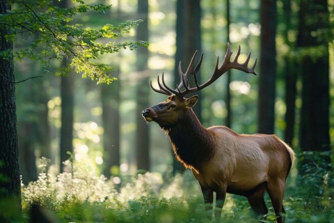 Un élan majestueux se tient gracieusement dans une forêt luxuriante, tandis que la lumière du soleil filtre à travers les arbres.