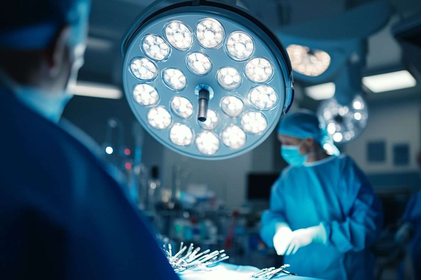 Vue large d'un espace chirurgical avec des lumières vives et des outils essentiels prêts à l'emploi.