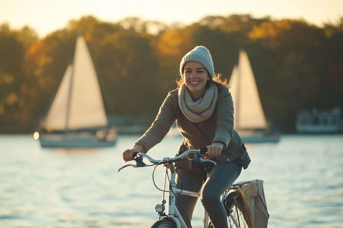 Une femme se balade à vélo le long d'un front de mer pittoresque, avec des voiliers dérivant doucement en arrière-plan.