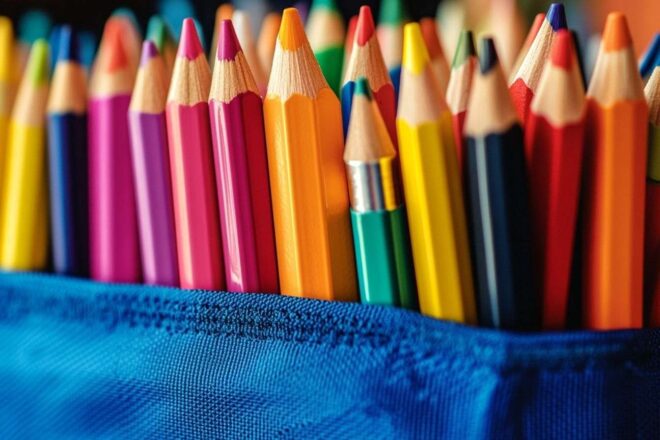 Une collection de fournitures scolaires colorées rangées avec soin dans une trousse, incluant des stylos vibrants, des crayons et des gommes.