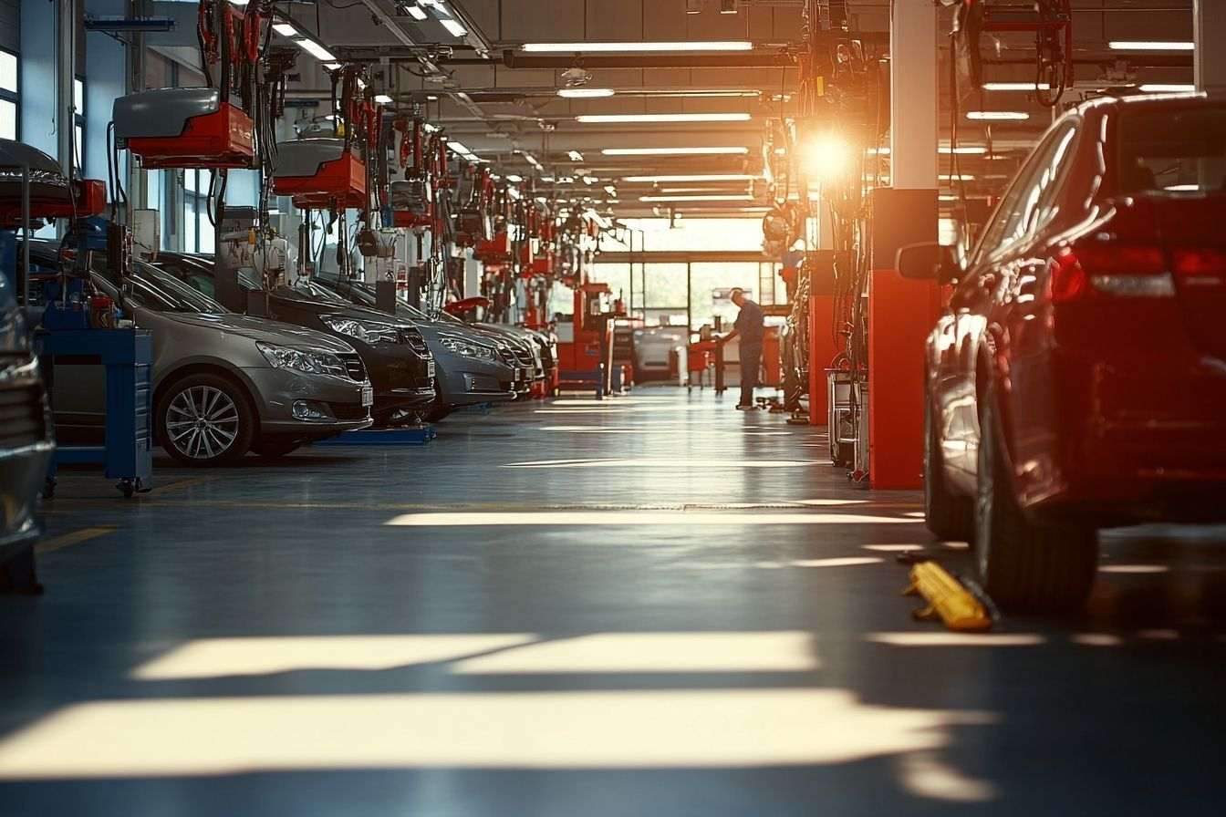 Une baie de garage lumineuse avec plusieurs voitures en cours de service, affichant une atmosphère animée de réparation automobile.