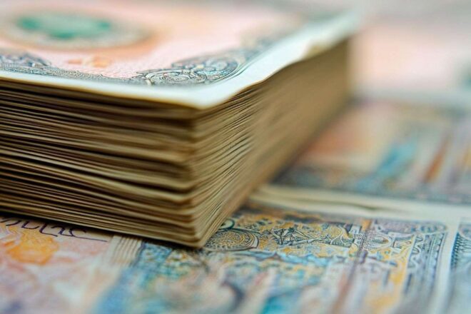Image en gros plan d'une pile de billets de rial iranien étalée sur une surface texturée.
