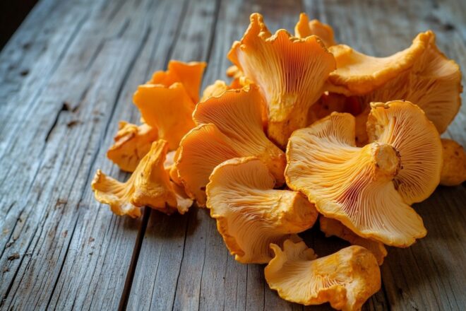 Un gros plan des girolles fraîches sur une table en bois rustique, mettant en valeur leur couleur orange vif et leur texture unique.