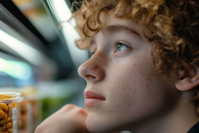 Un adolescent pensif contemple des options alimentaires saines, réfléchissant à ses choix de mode de vie.
