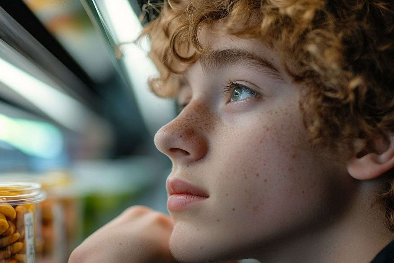 Un adolescent pensif contemple des options alimentaires saines, réfléchissant à ses choix de mode de vie.