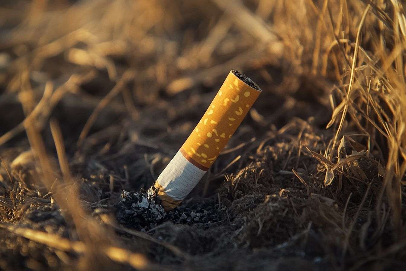 Gros plan d un mégot de cigarette dans l herbe sèche