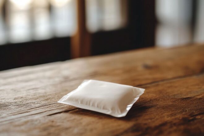 Une vue rapprochée d'un petit sachet de poudre blanche reposant sur une table en bois sous une lumière naturelle
