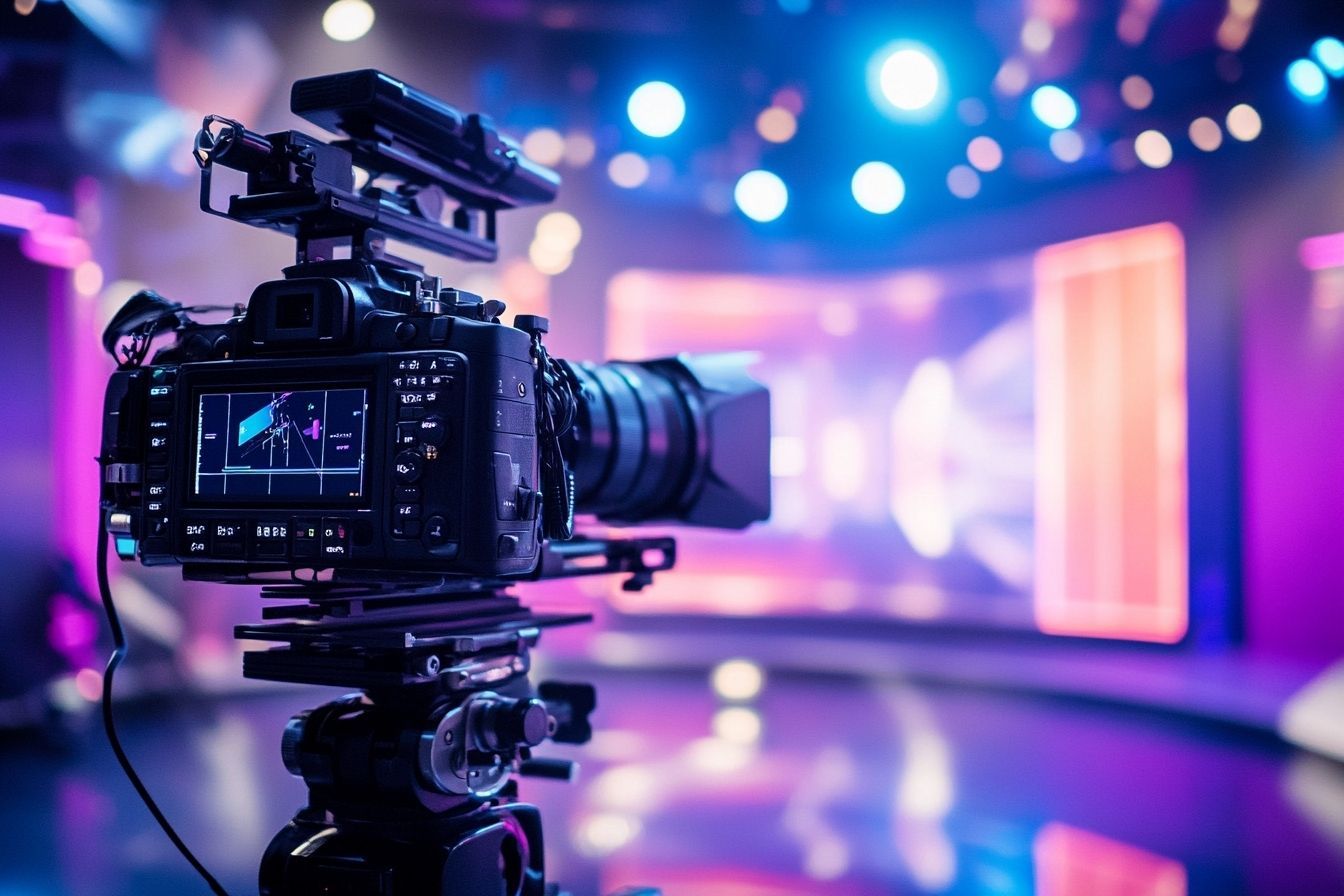 Capture détaillée d'une caméra de studio de télévision sur un plateau moderne avec éclairage lumineux