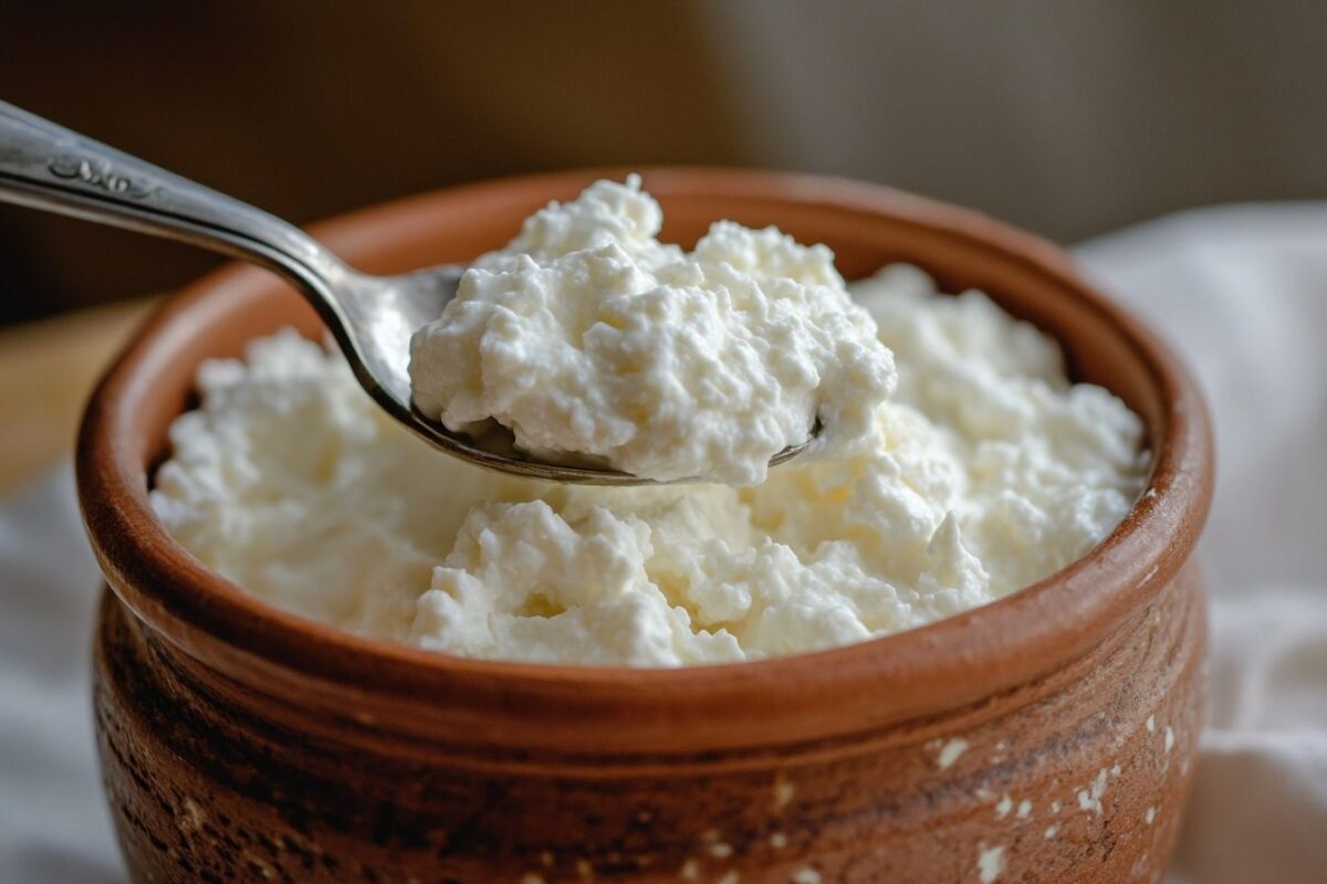 Gros plan d une cuillère prélevant du fromage blanc moelleux