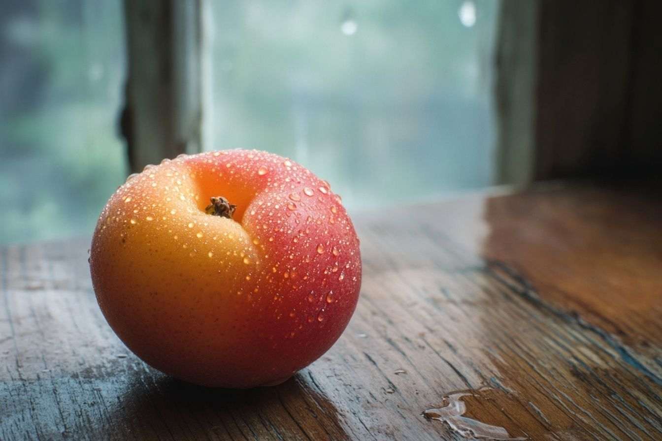 Gros plan d'une nectarine mûre sur une table en bois, avec des gouttelettes d'eau scintillant à sa surface.
