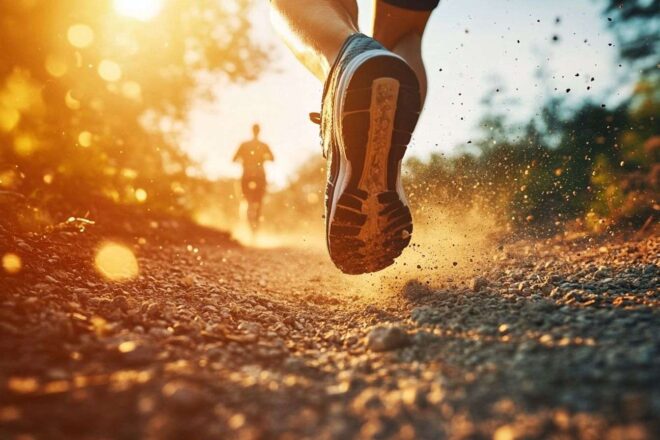 Gros plan des chaussures de course frappant le gravier sur un sentier en montée, avec des particules de poussière dansant dans la lumière du soleil.