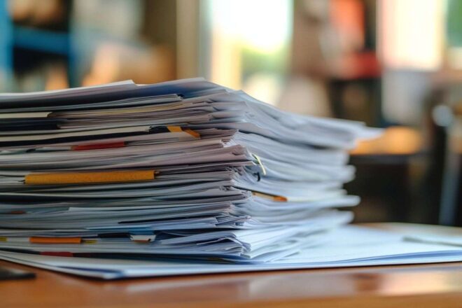 Image d'un gros plan de papiers et documents empilés sur une table, illustrant les efforts collectifs pour une cause commune.