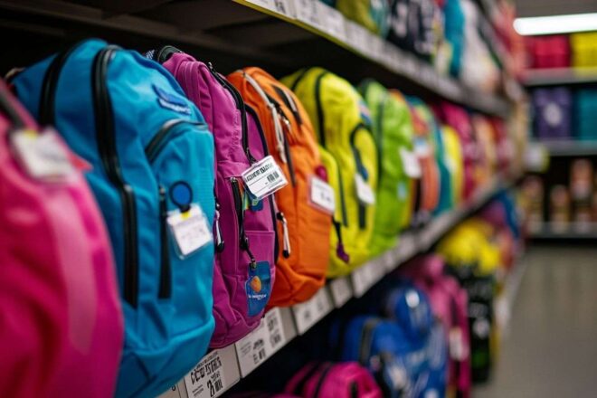 Un gros plan sur des sacs à dos aux couleurs vives exposés dans une allée de magasin, invitant les étudiants à explorer leurs options.