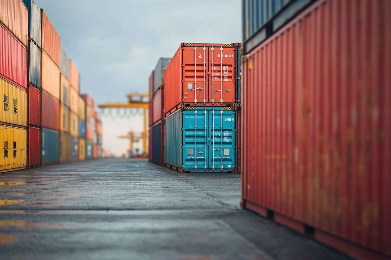 Image captivante des conteneurs au port soulignant les nouveaux droits de douane sur les importations et exportations.