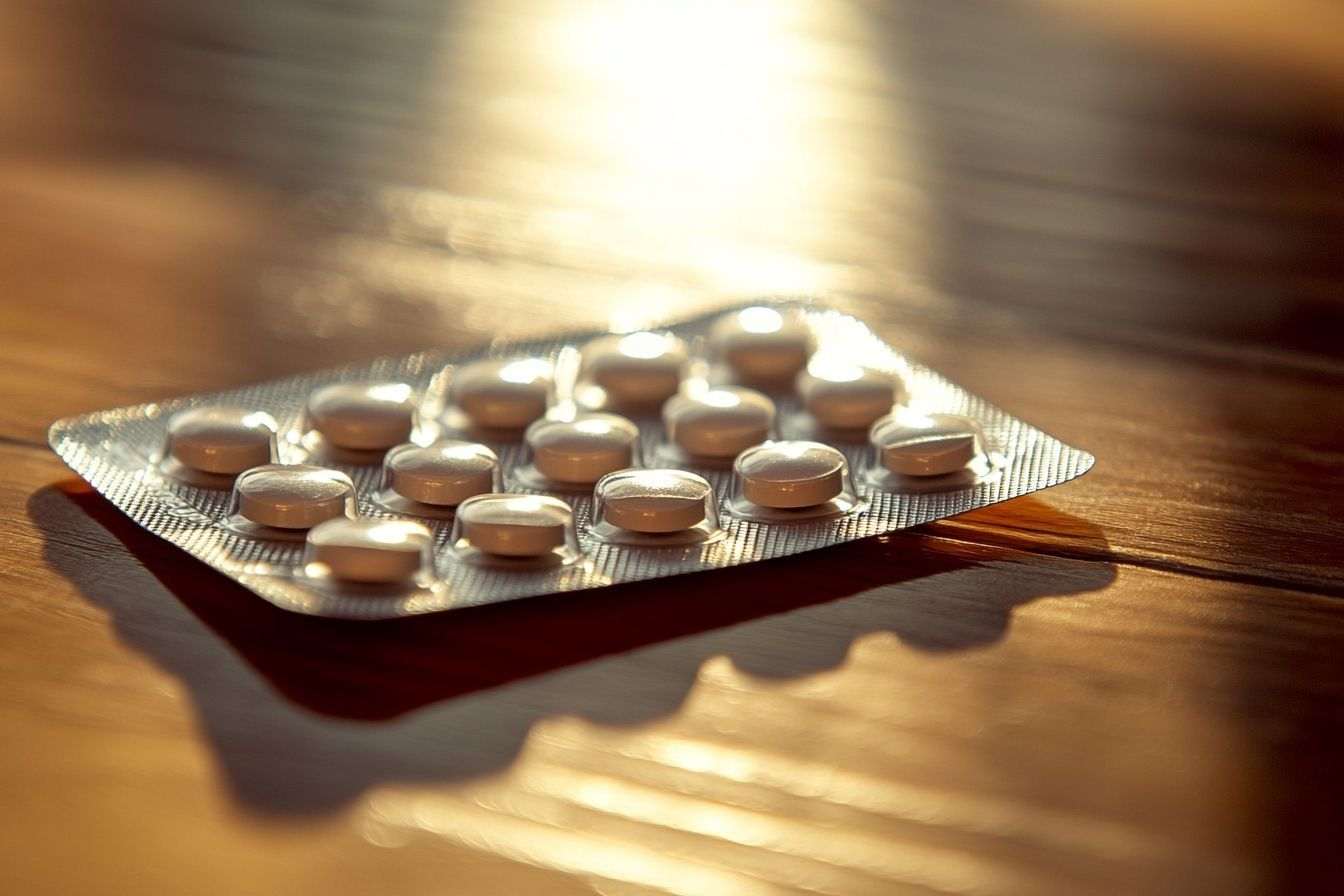 Gros plan sur un blister de médicaments sur une table en bois