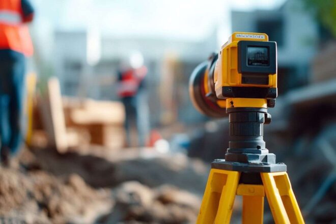 Image rapprochée d'un télémètre laser mesurant une distance sur un chantier, entouré d'outils divers.