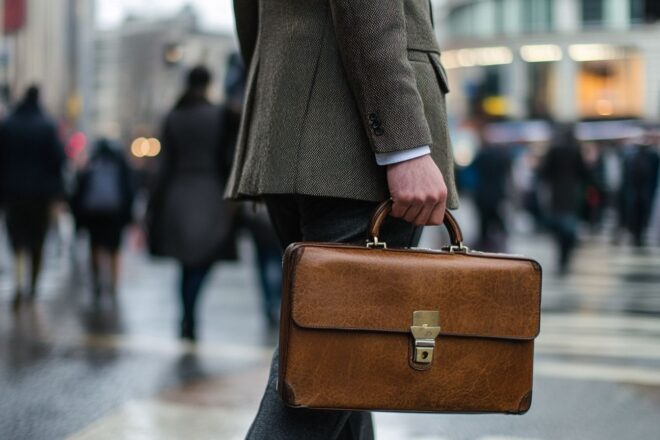 Gros plan d'un homme tenant avec assurance un attaché-case dans une rue de ville animée.