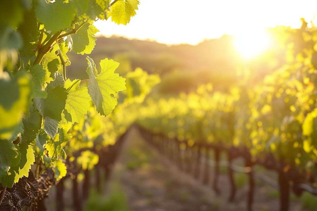 Lumière dorée diffusée sur des vignes vertes luxuriantes dans un vignoble, créant une atmosphère paisible et chaleureuse.