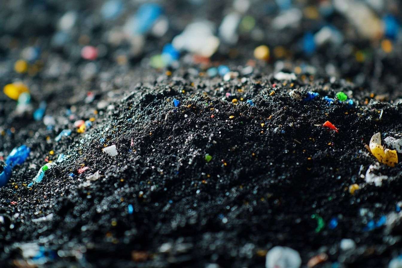 Image macro de particules plastiques minuscules mélangées au sol, révélant leurs conséquences environnementales.