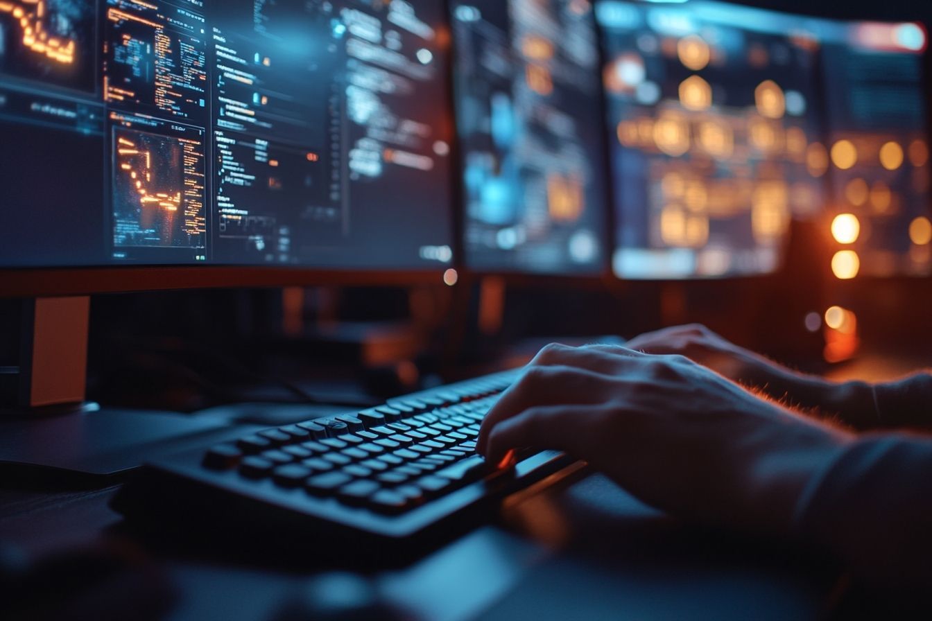 Des mains tapent avec rapidité sur un clavier illuminé par les écrans affichant des alertes de cybersécurité.