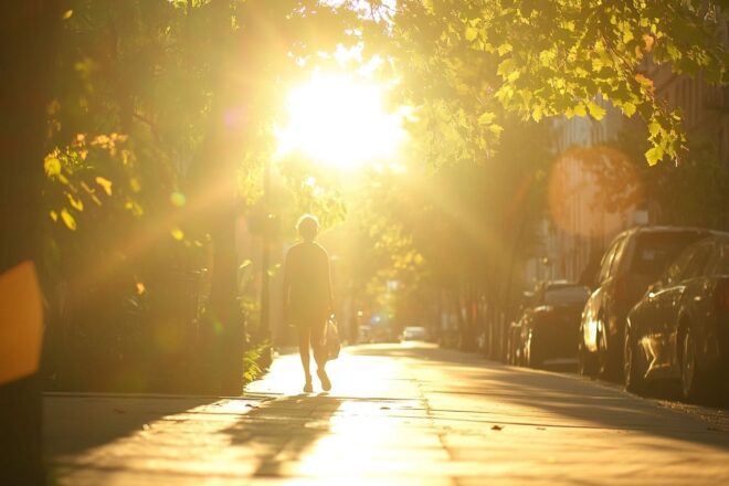 Une brume de chaleur scintillante s'élève au-dessus d'un trottoir urbain chauffé par le soleil.