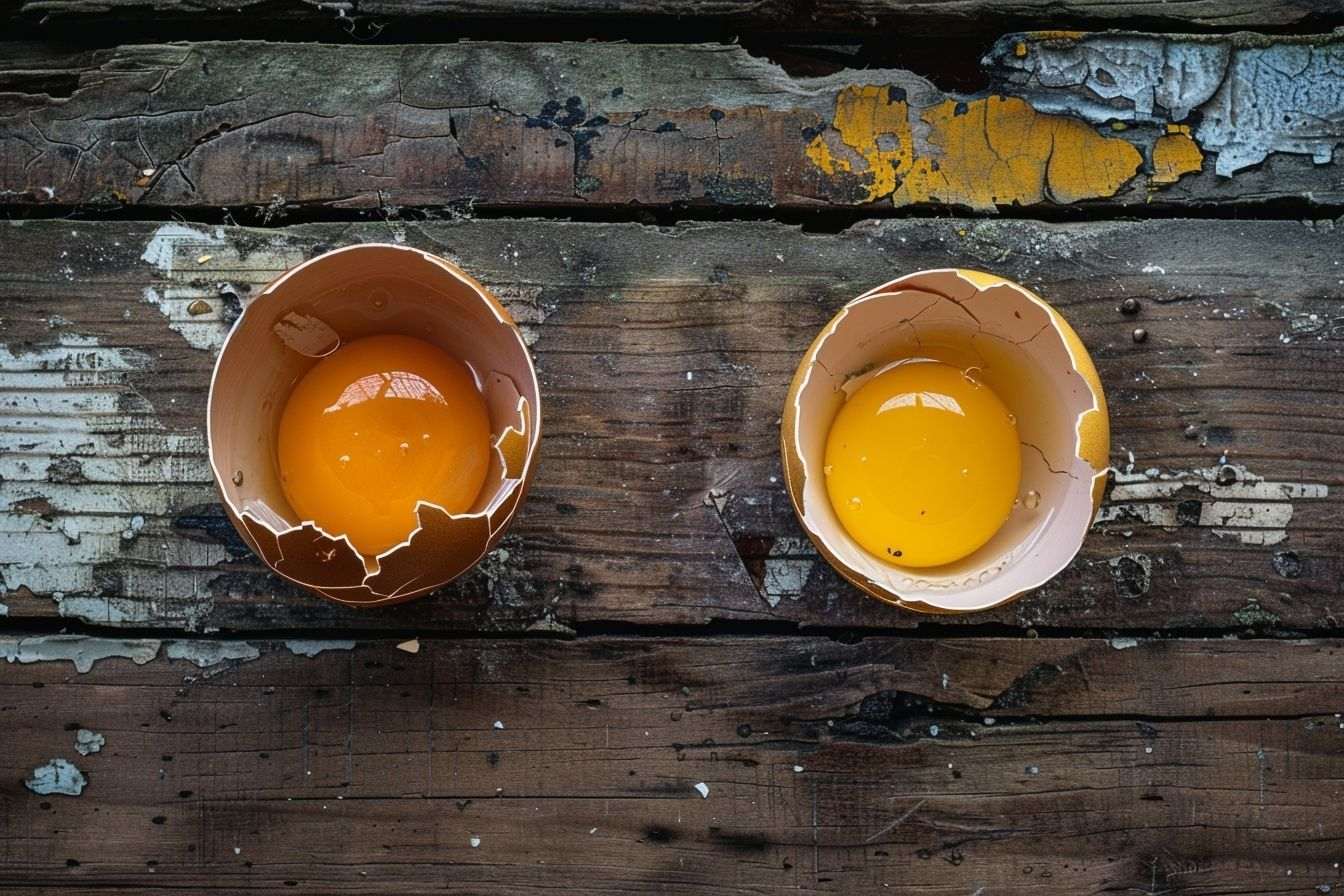Œufs cassés avec jaunes contrastants sur fond rustique