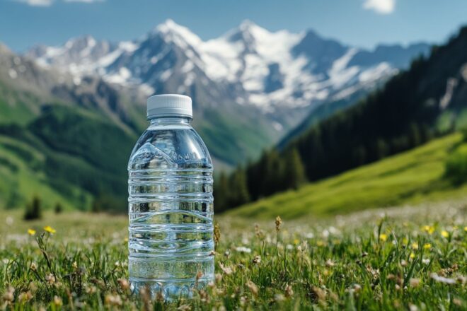 Paysage montagneux avec bouteille d eau minérale pure et rafraîchissante