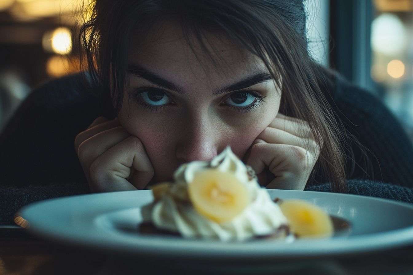Personne contemplant un dessert et les liens émotionnels avec la nourriture
