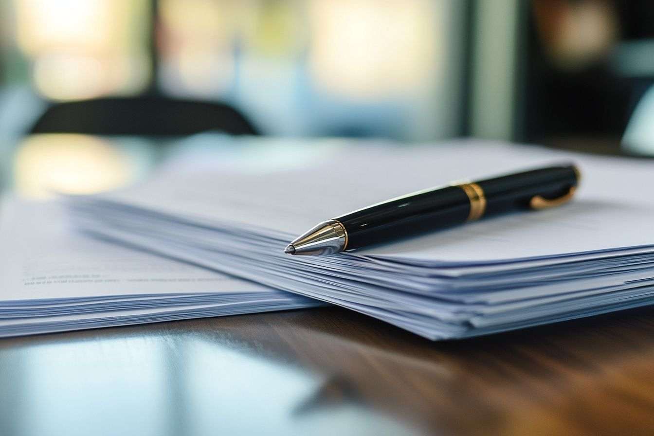 Une pile de documents posée sur un bureau, prête à être signée avec un stylo suspendu au-dessus d'une lettre d'appel.