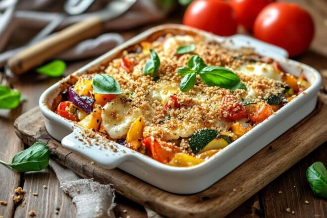 Un délice rustique mettant en avant des légumes rôtis colorés et de la mozzarella fondue sous une garniture croustillante.