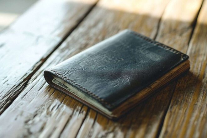 Gros plan détaillé d'un portefeuille élégant montrant un billet de banque, posé sur une table de bois au charme rustique.