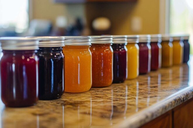 Des pots de confiture colorés sur un plan de travail, prêts pour un réveil gourmand.