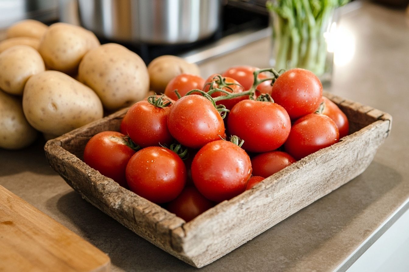Des tomates et pommes de terre fraîchement récoltées disposées dans un panier en bois rustique sur un plan de travail de cuisine.