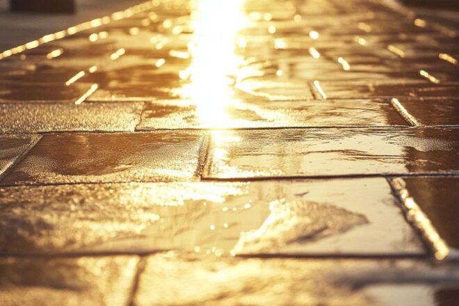 Gros plan d'un trottoir inondé de soleil rayonnant de chaleur, avec des vagues chatoyantes s'élevant de la surface.